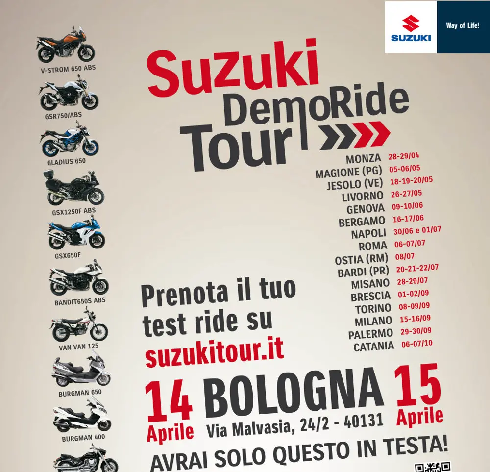 "Suzuki Demo Ride Tour 2012", il 14 e 15 aprile a Bologna