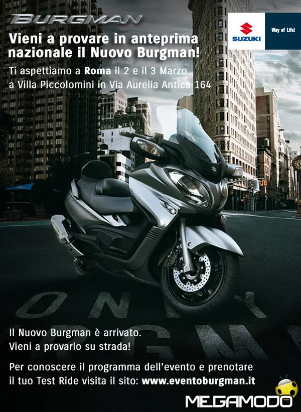 Nuovo Suzuki Burgman 650, due giorni di prove gratuite a Roma