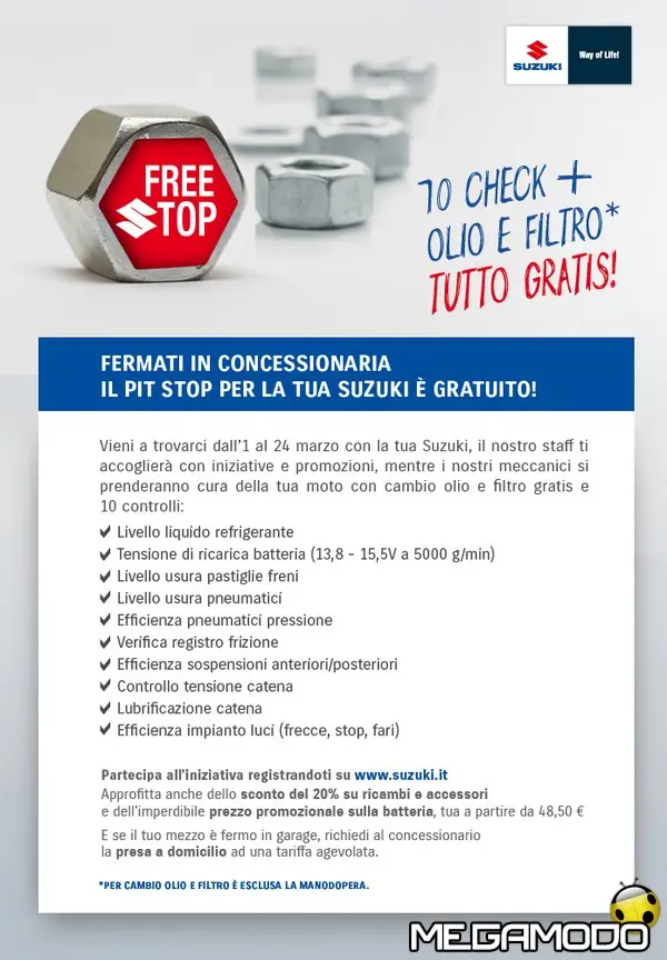 Programma Free Stop di Suzuki: 10 controlli gratuiti con cambio olio e filtro in omaggio 