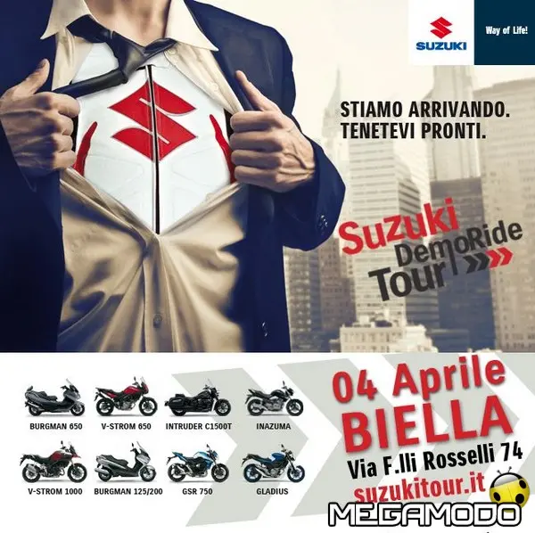 Suzuki Demo Ride Tour: le tappe da venerdì 4 a domenica 6 aprile 