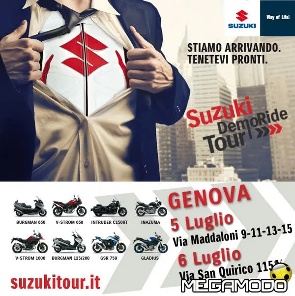 Suzuki DemoRide Tour 2014: il 5 e il 6 luglio a Genova e Piacenza