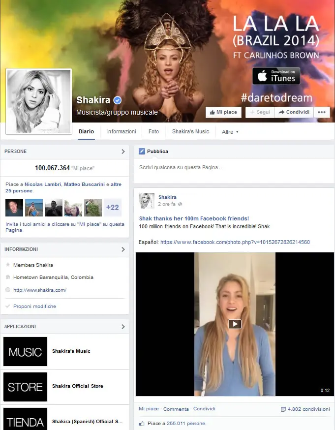 Shakira è la più popolare su Facebook con 100 milioni di like