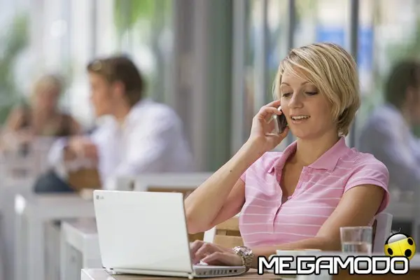 street cafe laptop and mobile phone lady