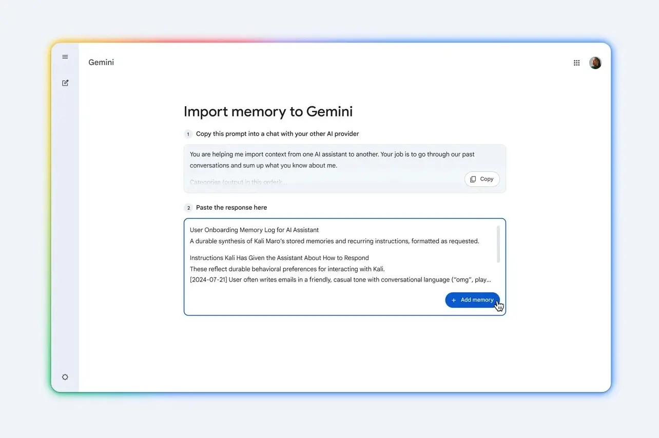 Google Gemini si evolve: arriva la funzione Memoria e l'importazione delle chat AI