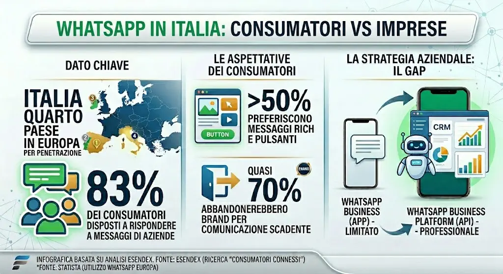WhatsApp regina in Italia: consumatori avanti, imprese ancora indietro