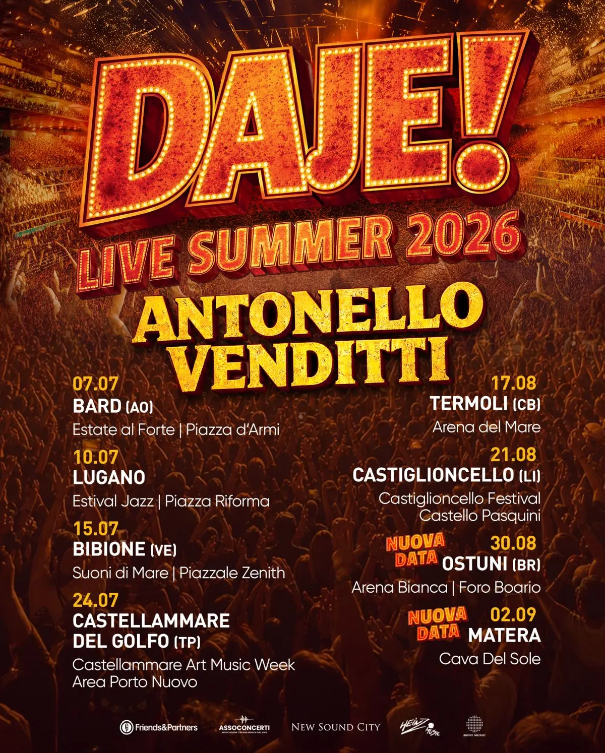 Antonello Venditti porta il tour DAJE! Live Summer 2026 nelle location più suggestive d'Italia